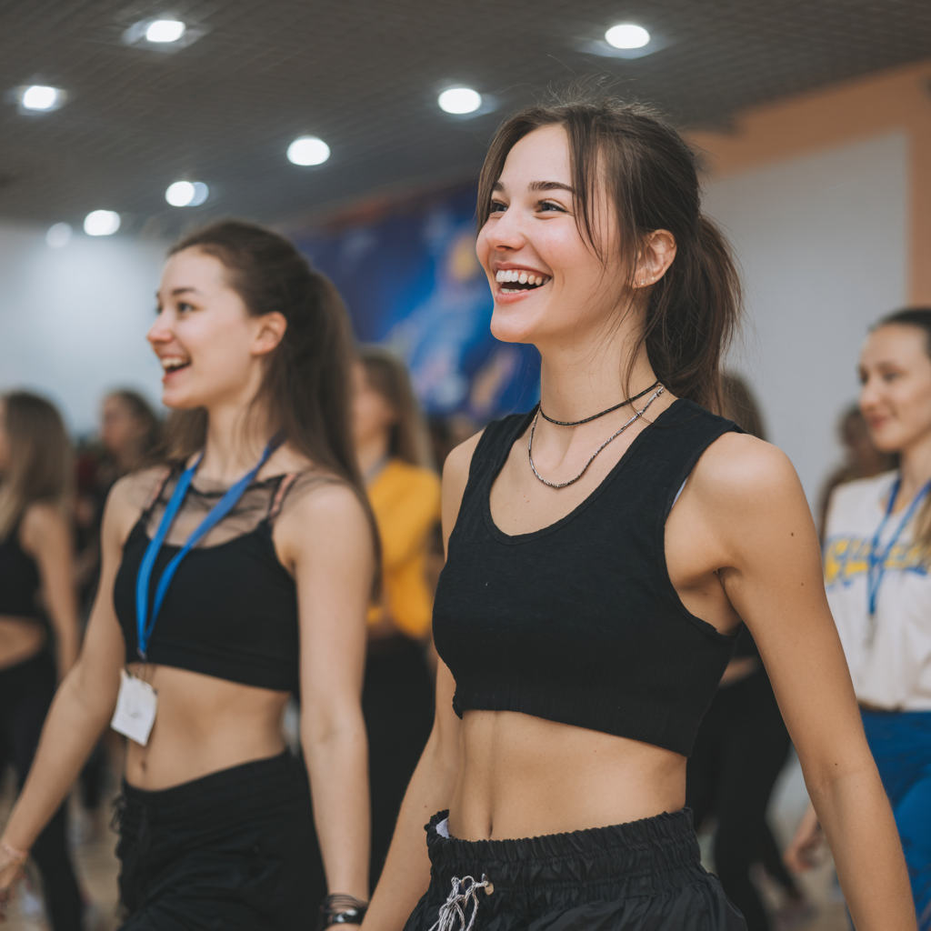 Щаслива група українських дорослих після успішного заняття фітнесом, демонструють задоволення та енергійність